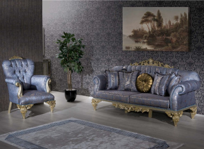 Sofa 3 Sitzer Textil Sessel Couch Polster Möbel 3+1 Dreisitzer Blau